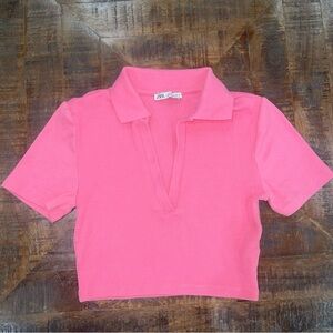 Zara Pink Collared V- Neck Ribbed Cropped Cotton Top Short Sleeve Women Sz M